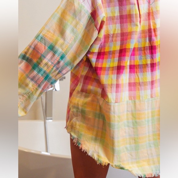 New Trendy Boho Multi Plaid Vintage Washed Distressed Hem Button Down Shirt - Picture 7 of 10